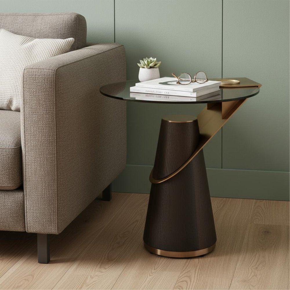 Clear Rose Gold and Dark Brown Glass Stainless Steel and Solid Wood Round Pedestal End Table