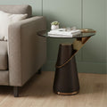 Clear Rose Gold and Dark Brown Glass Stainless Steel and Solid Wood Round Pedestal End Table