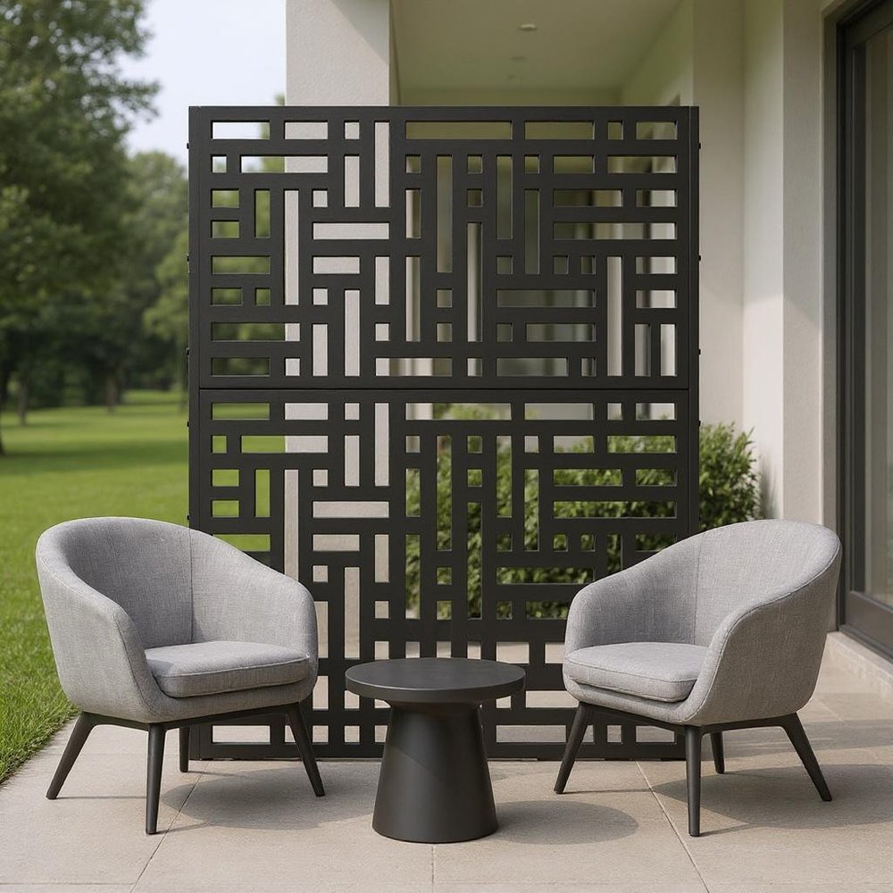 Black Steel Three Panel Screen Room Divider - 72-inch