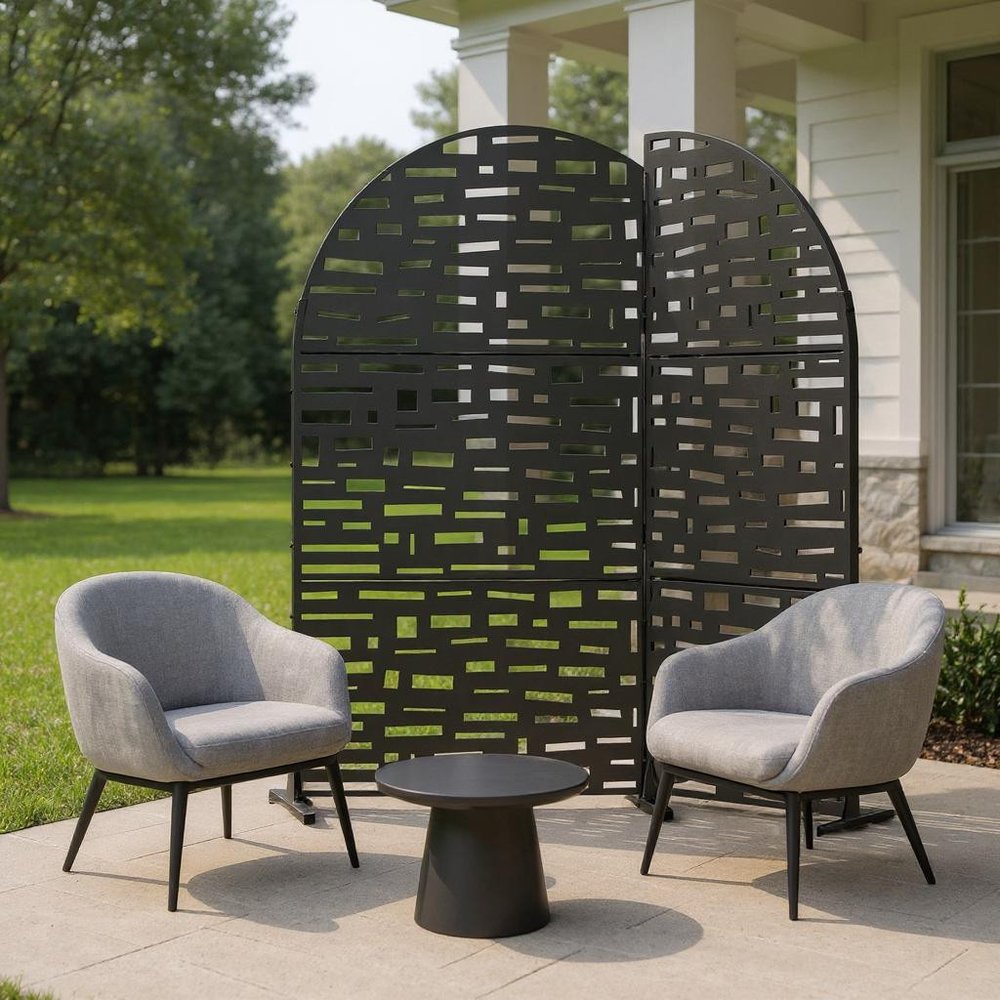 Black Steel Three Panel Screen Room Divider - 72-inch