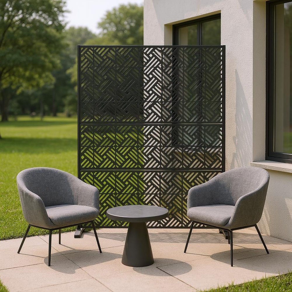 Black Steel Three Panel Screen Room Divider - 72-inch