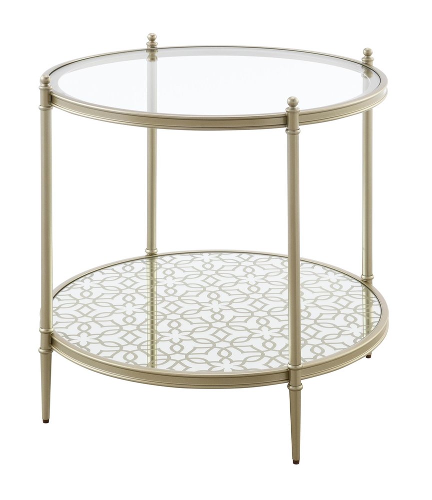 Clear and Champagne Tempered Glass and Iron Round End Table with Shelf