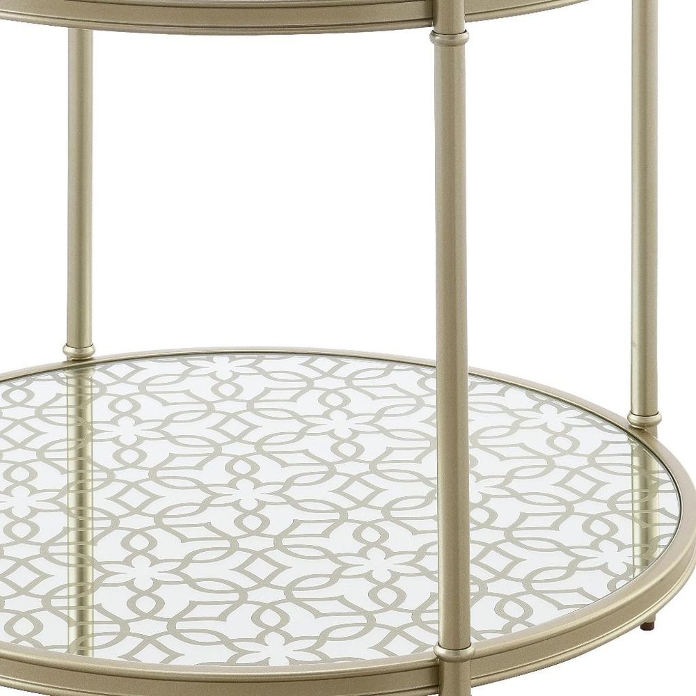 Clear and Champagne Tempered Glass and Iron Round End Table with Shelf