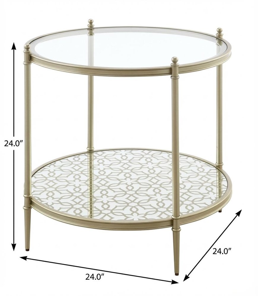 Clear and Champagne Tempered Glass and Iron Round End Table with Shelf