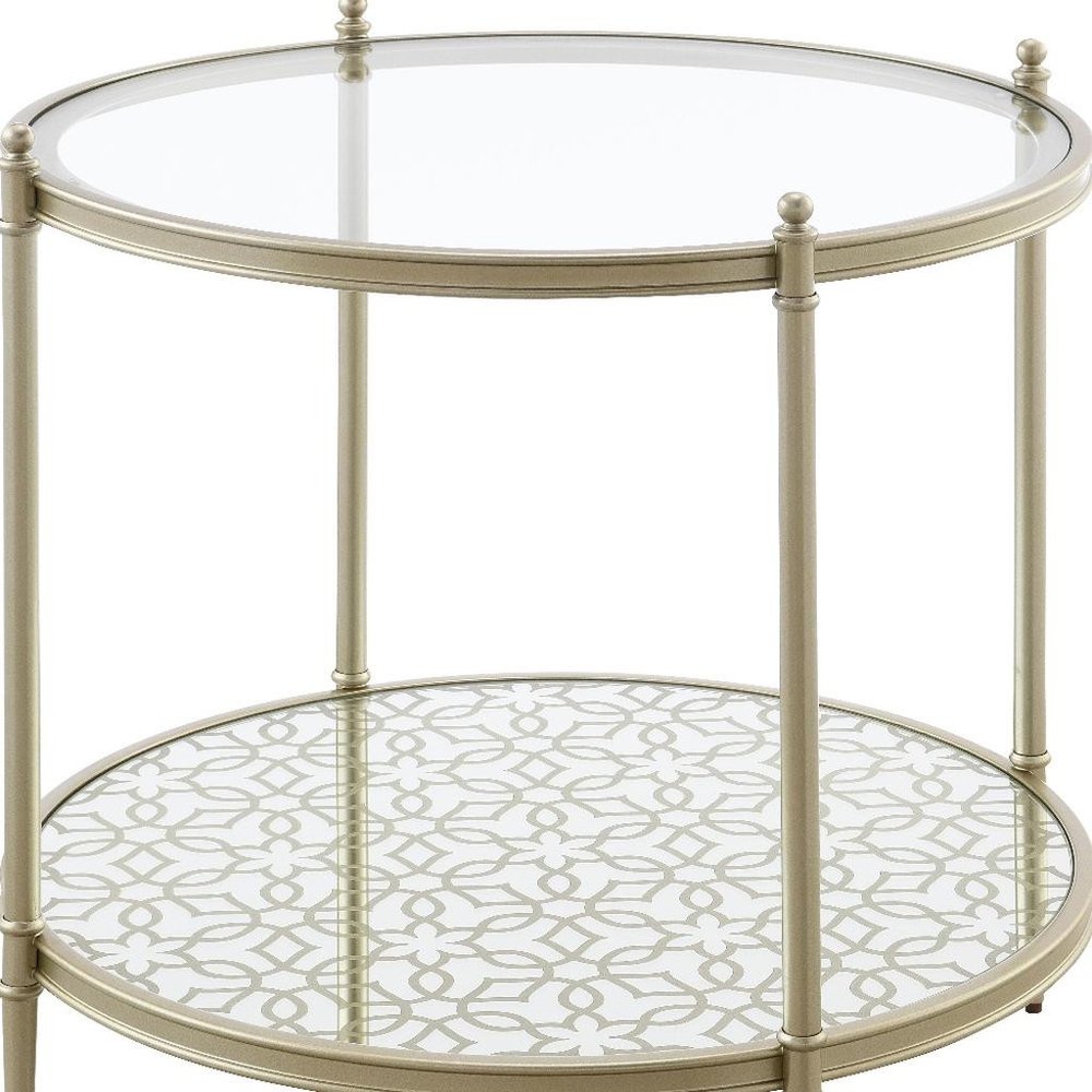 Clear and Champagne Tempered Glass and Iron Round End Table with Shelf