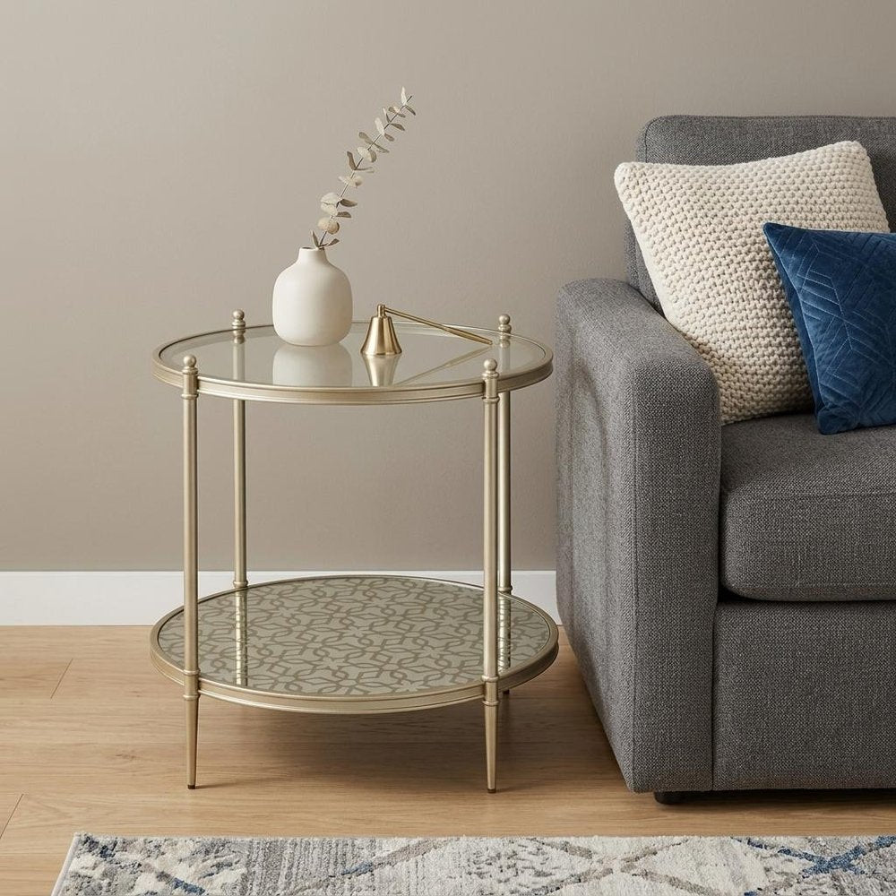 Clear and Champagne Tempered Glass and Iron Round End Table with Shelf