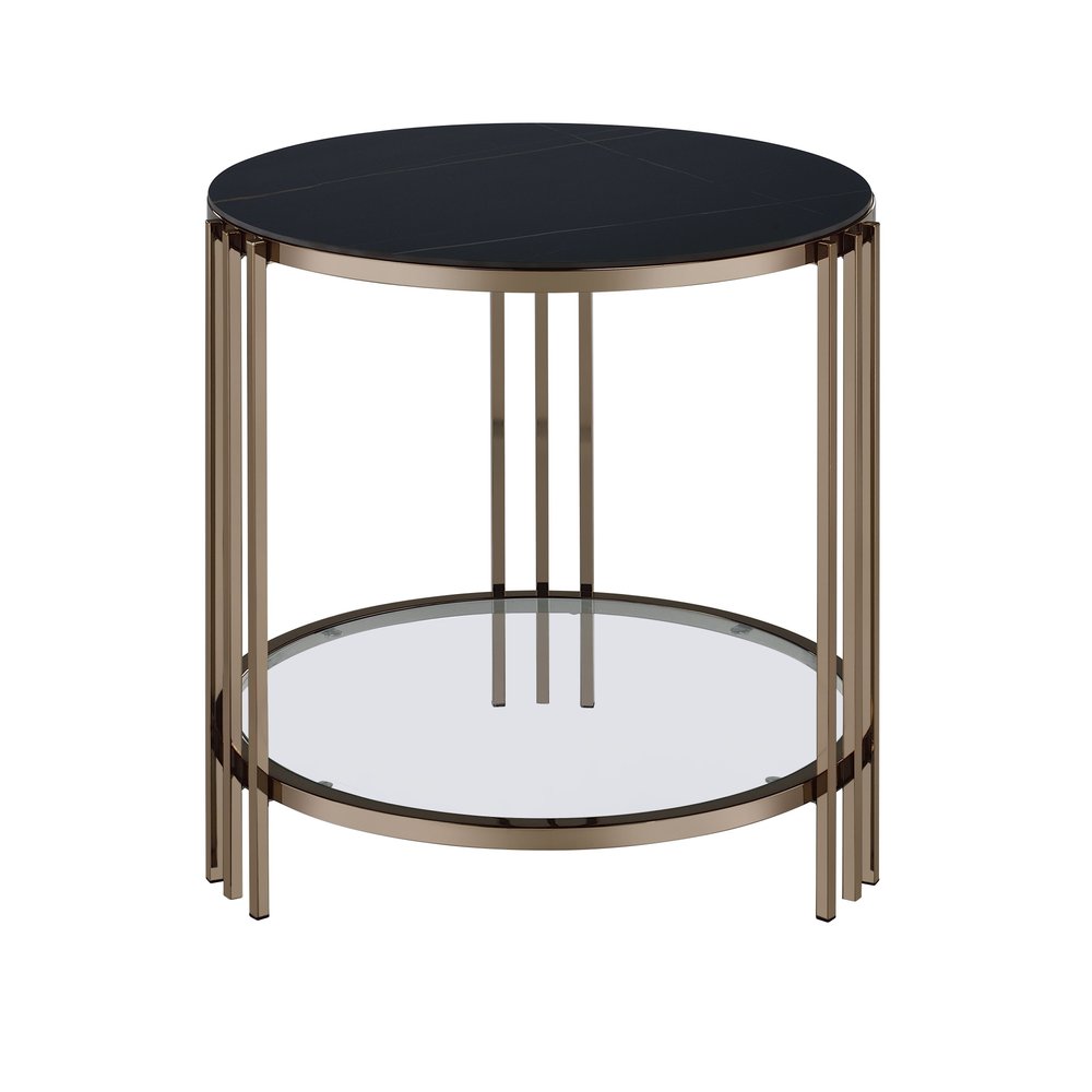 Black and Champagne Stone Glass and Iron Round End Table with Shelf