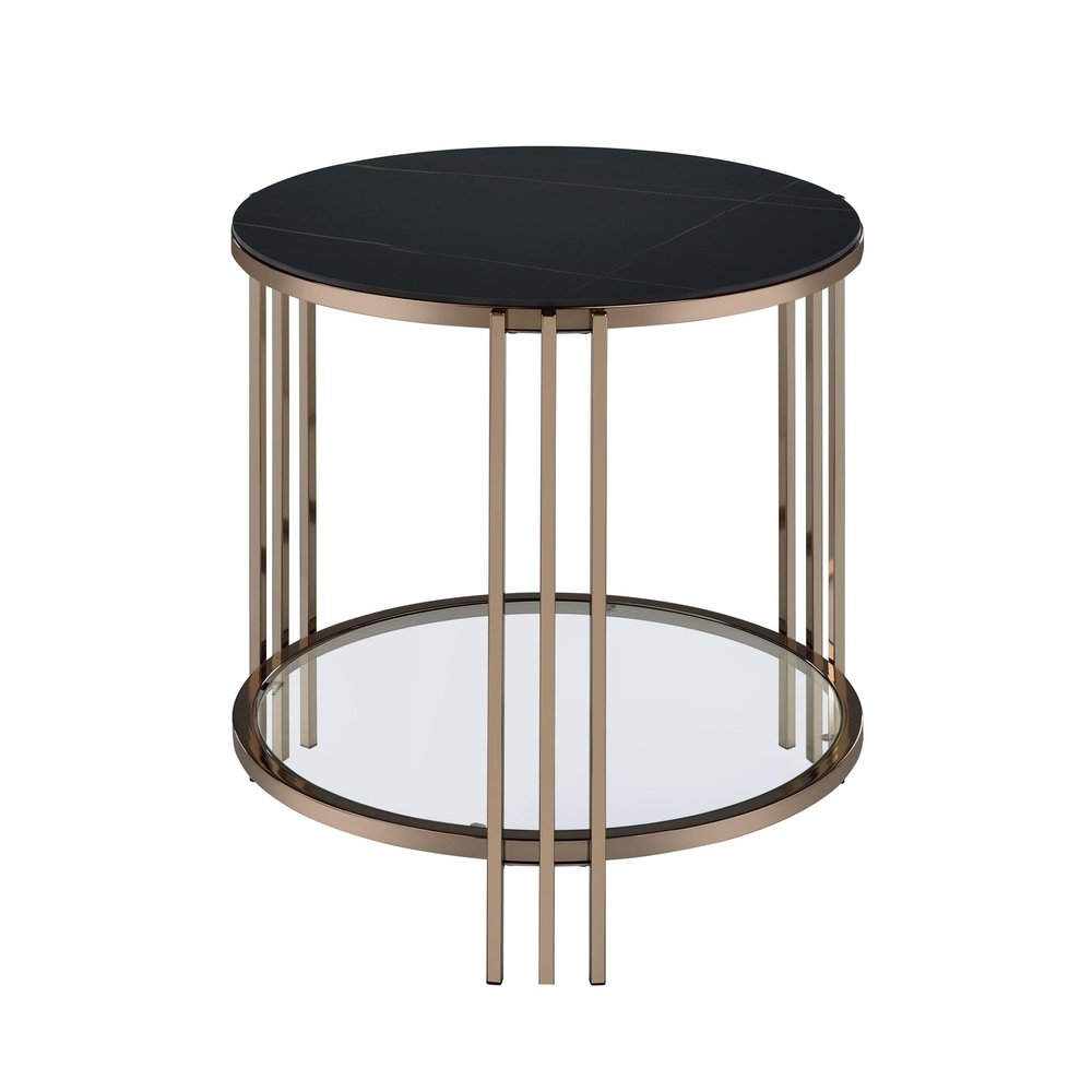Black and Champagne Stone Glass and Iron Round End Table with Shelf