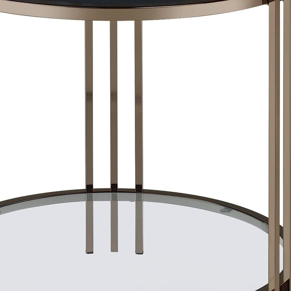 Black and Champagne Stone Glass and Iron Round End Table with Shelf