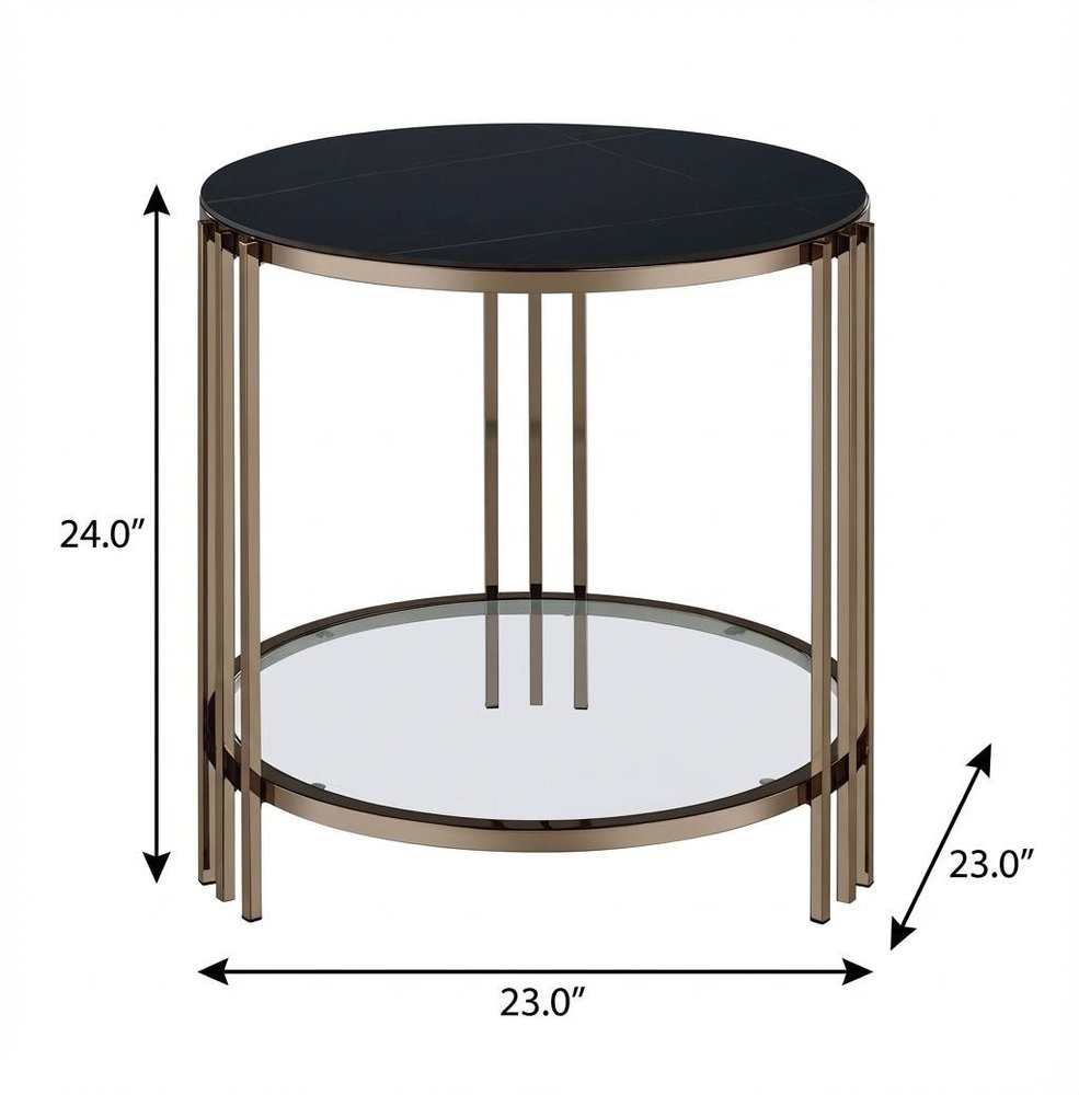 Black and Champagne Stone Glass and Iron Round End Table with Shelf