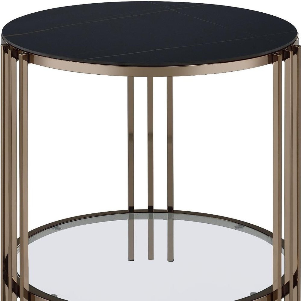 Black and Champagne Stone Glass and Iron Round End Table with Shelf