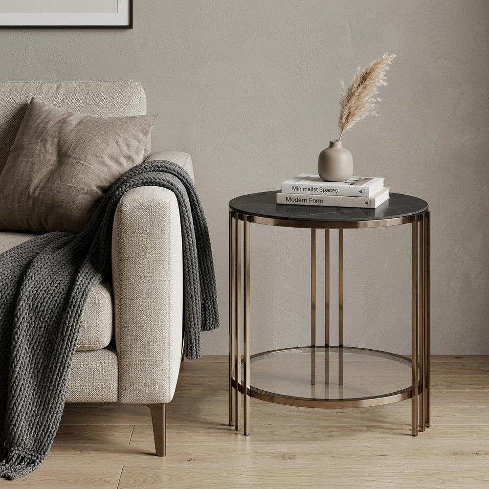 Black and Champagne Stone Glass and Iron Round End Table with Shelf