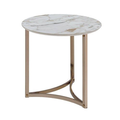 24" White and Champagne Stone and Metal Round Frame End Table
