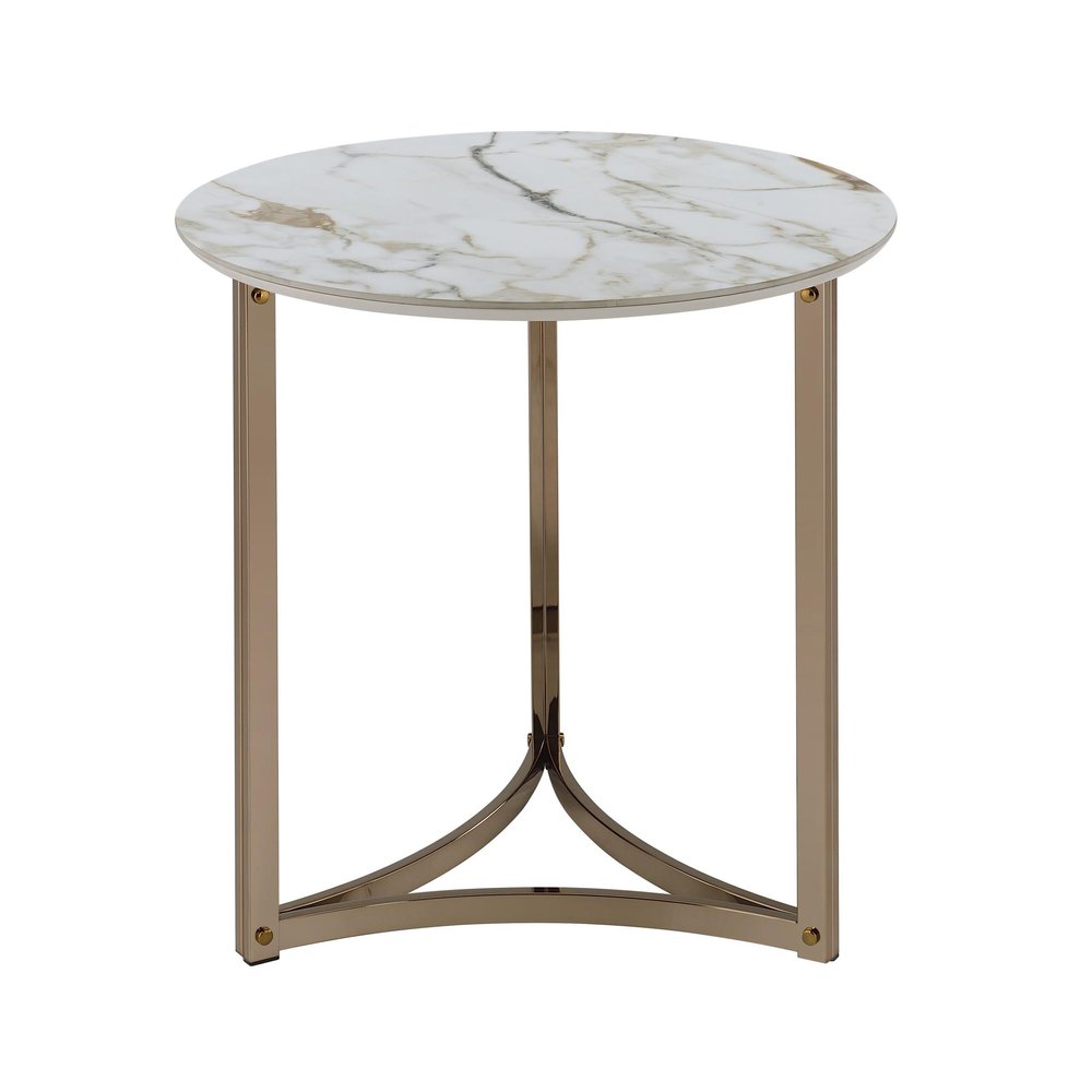 24" White and Champagne Stone and Metal Round Frame End Table