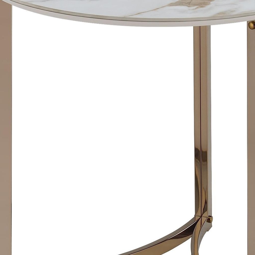 24" White and Champagne Stone and Metal Round Frame End Table