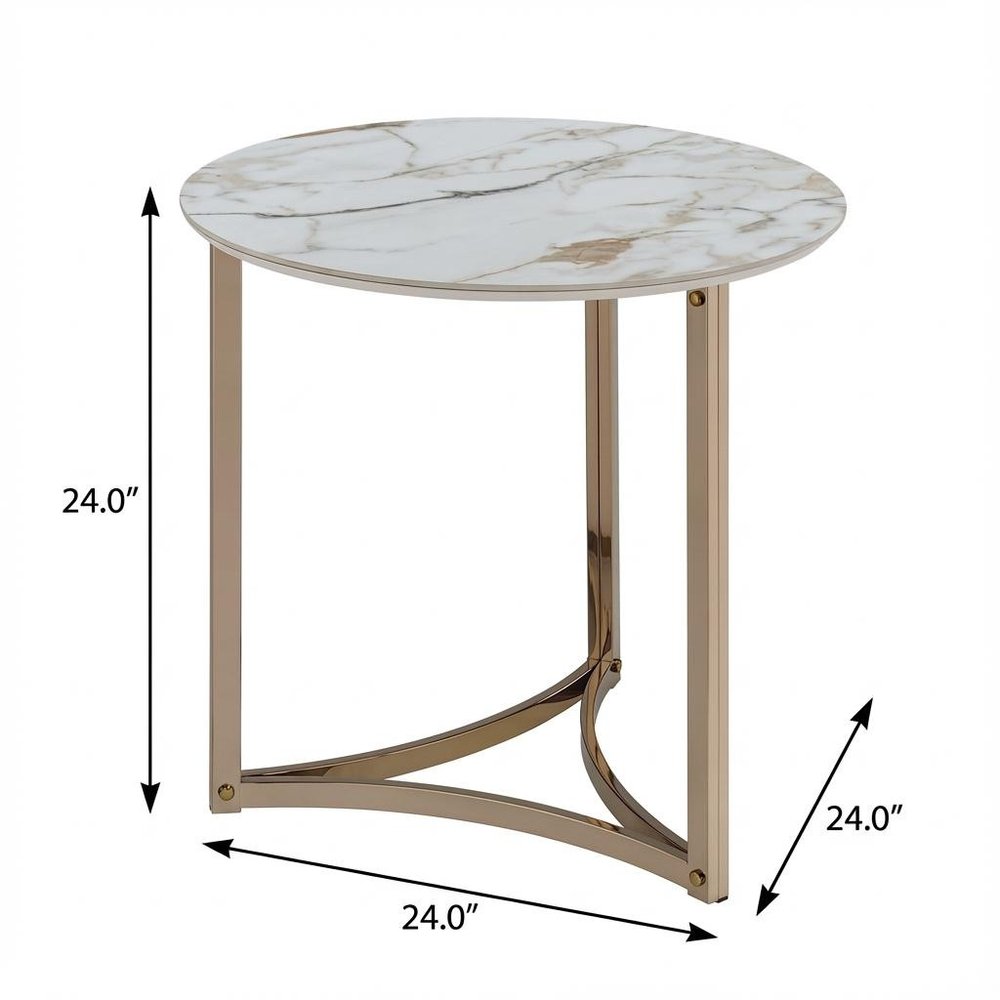 24" White and Champagne Stone and Metal Round Frame End Table