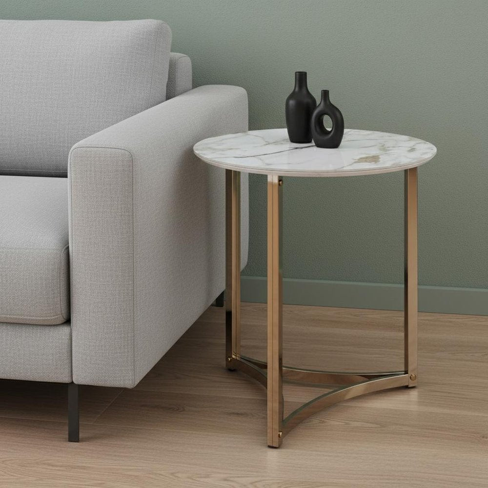 24" White and Champagne Stone and Metal Round Frame End Table