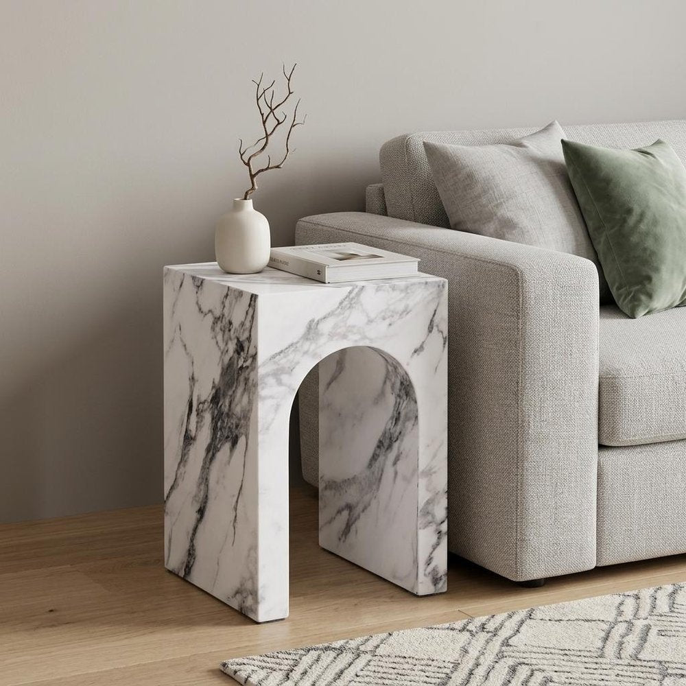White Faux Marble Square Frame End Table - 18-inch