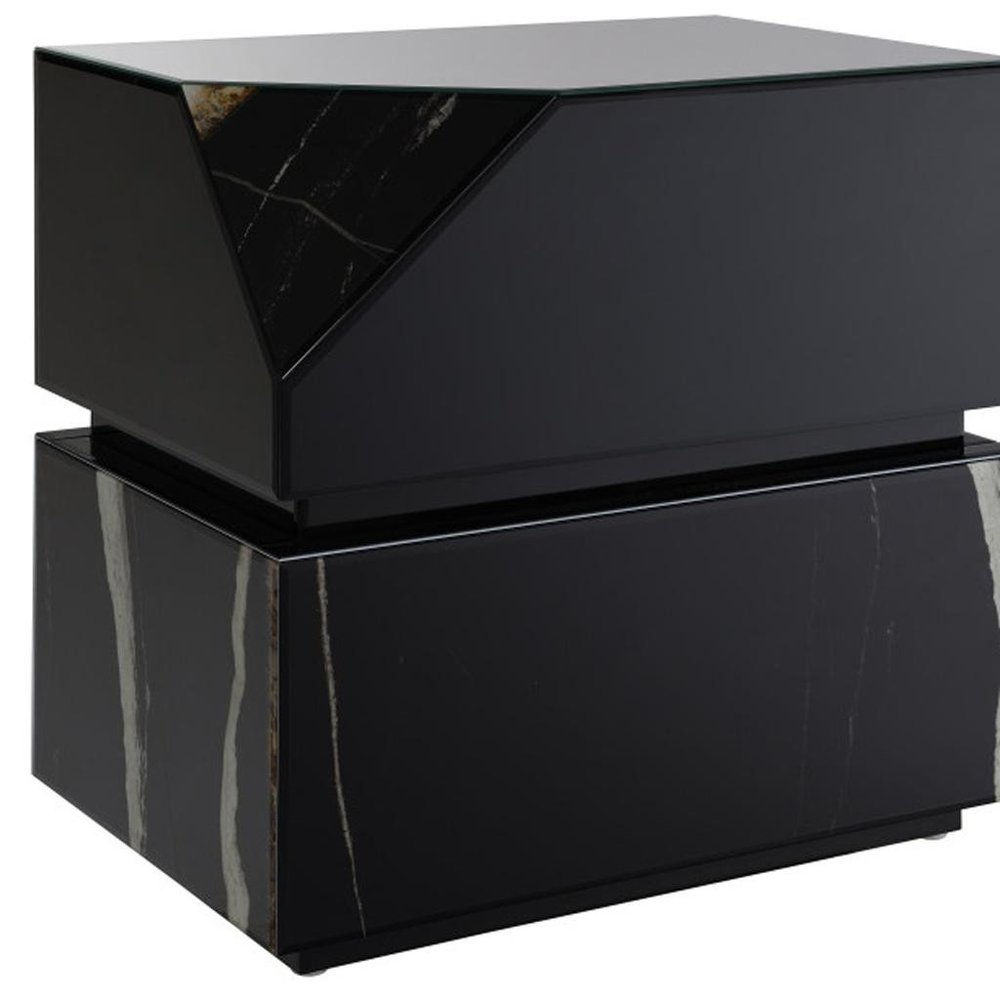 Black Glass and Wood Block End Table - 24-inch