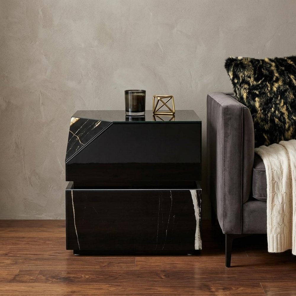 Black Glass and Wood Block End Table - 24-inch