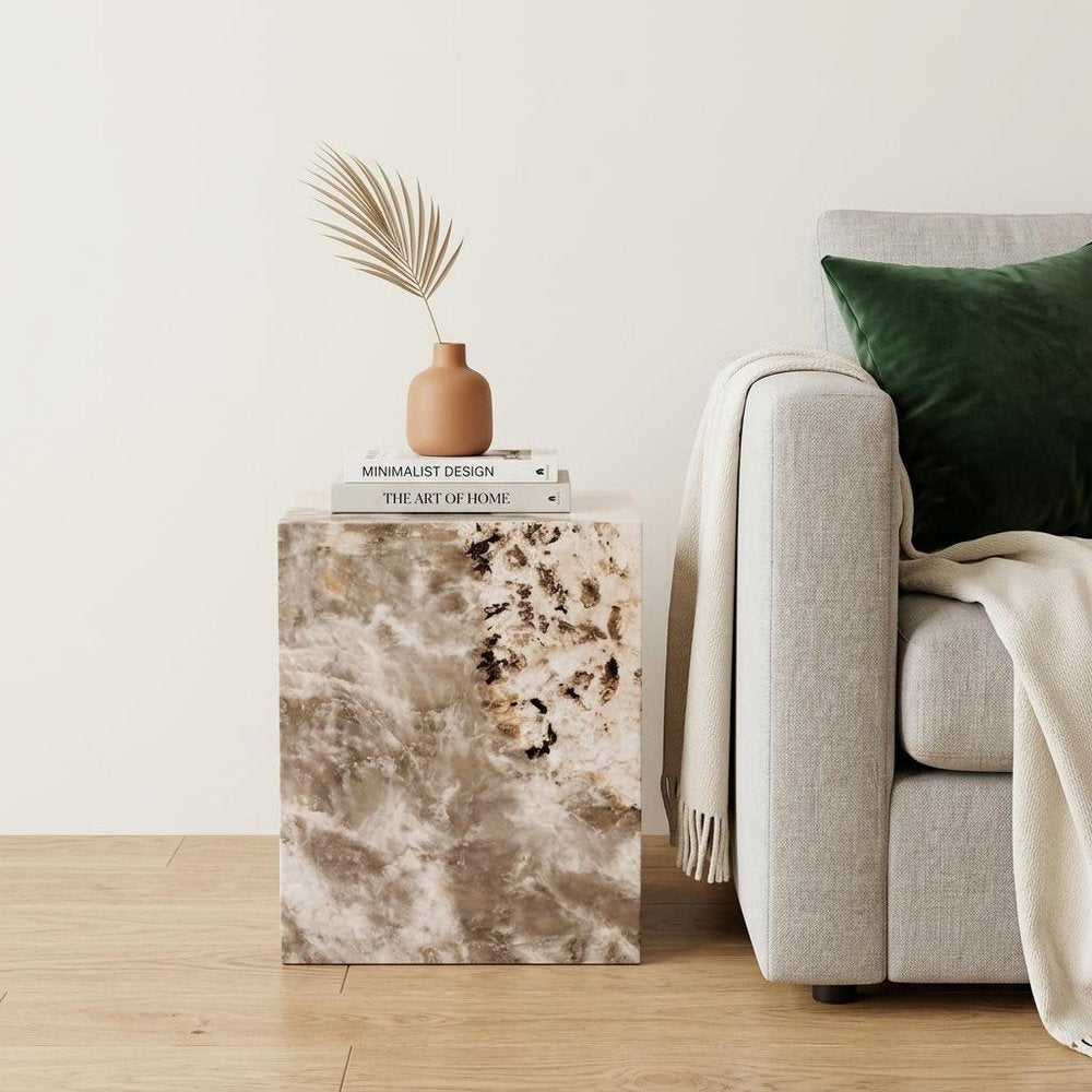 Beige Brown and Cream Concrete and Wood Square Block End Table
