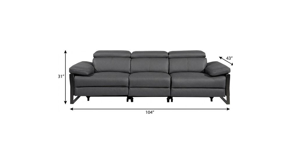 Dark Gray Top Grain Leather Reclining Metal USB Sofa - 103-inch