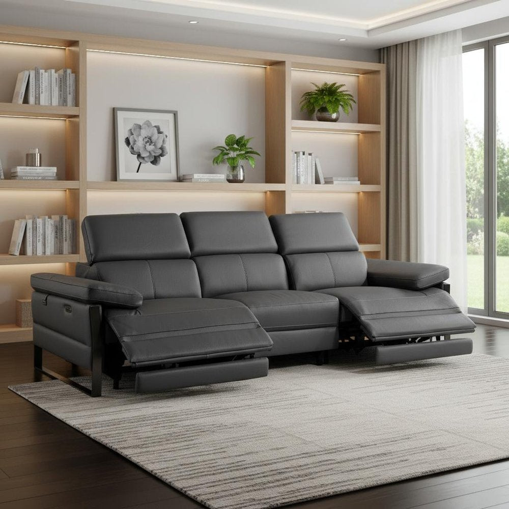 Dark Gray Top Grain Leather Reclining Metal USB Sofa - 103-inch