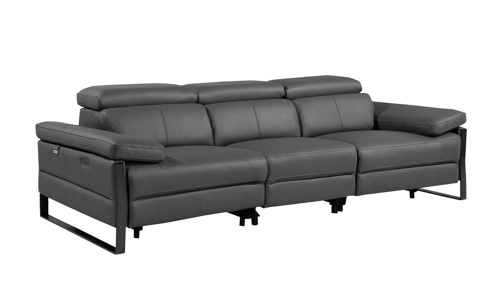 Dark Gray Top Grain Leather Reclining Metal USB Sofa - 103-inch