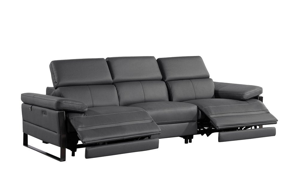 Dark Gray Top Grain Leather Reclining Metal USB Sofa - 103-inch