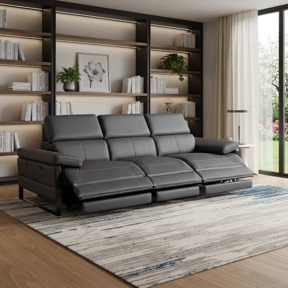 Dark Gray Top Grain Leather Reclining Metal USB Sofa - 103-inch