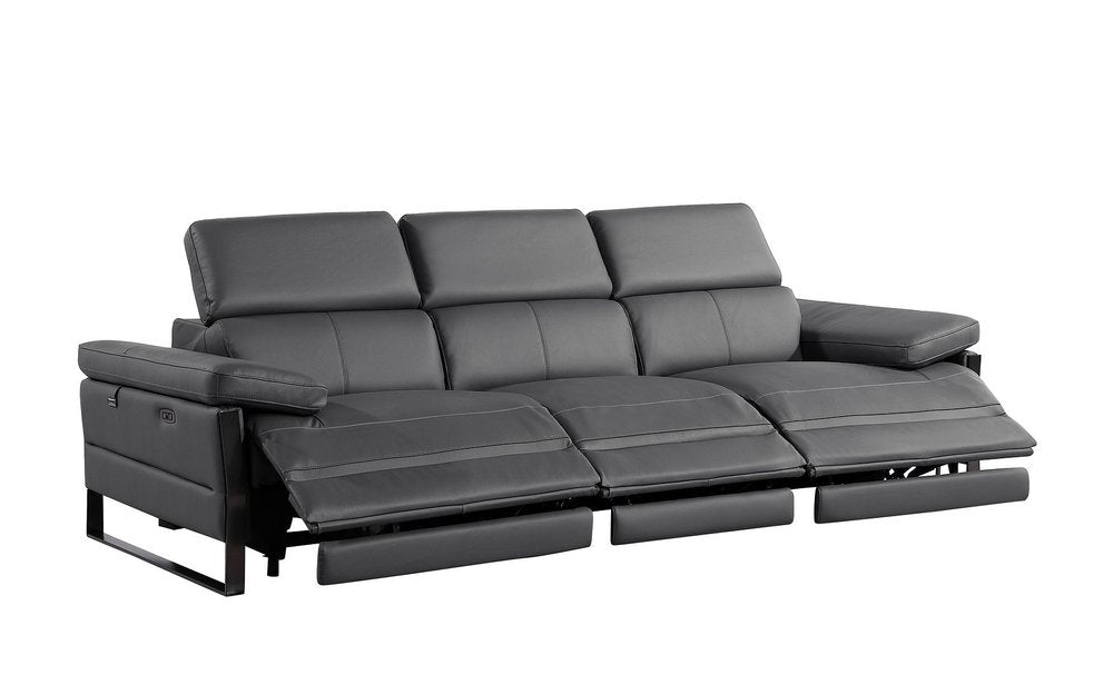 Dark Gray Top Grain Leather Reclining Metal USB Sofa - 103-inch