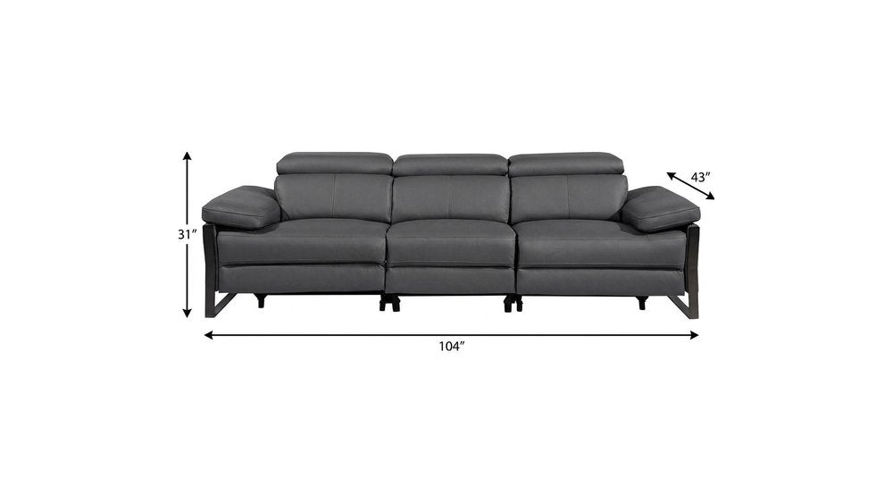 Dark Gray Top Grain Leather Reclining Metal USB Sofa - 103-inch