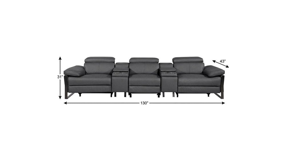 Dark Gray Top Grain Leather Reclining Metal USB Sofa - 129-inch