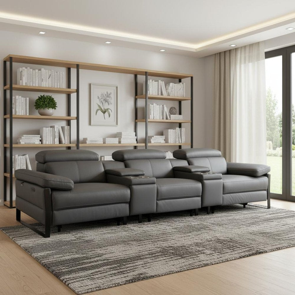 Dark Gray Top Grain Leather Reclining Metal USB Sofa - 129-inch