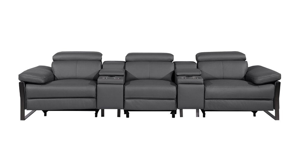 Dark Gray Top Grain Leather Reclining Metal USB Sofa - 129-inch