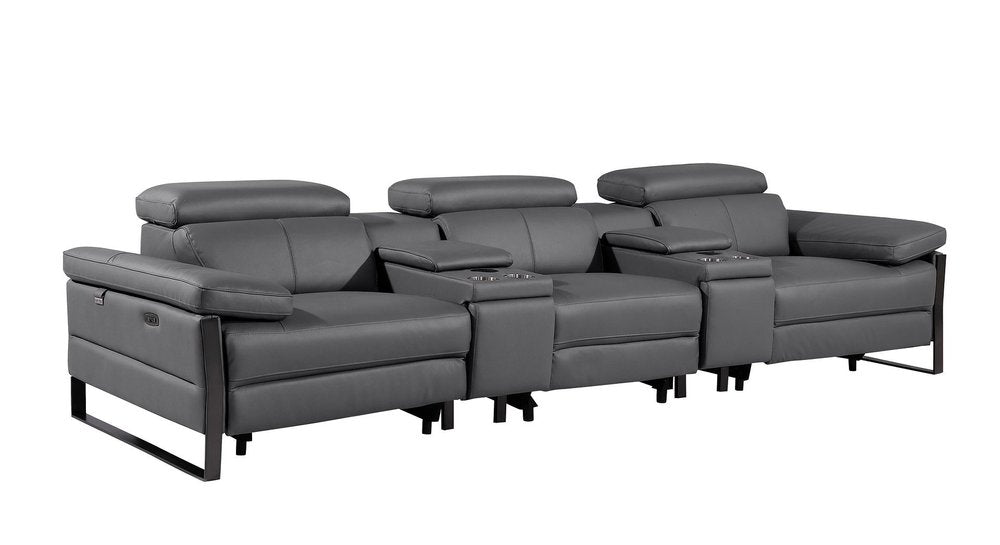 Dark Gray Top Grain Leather Reclining Metal USB Sofa - 129-inch
