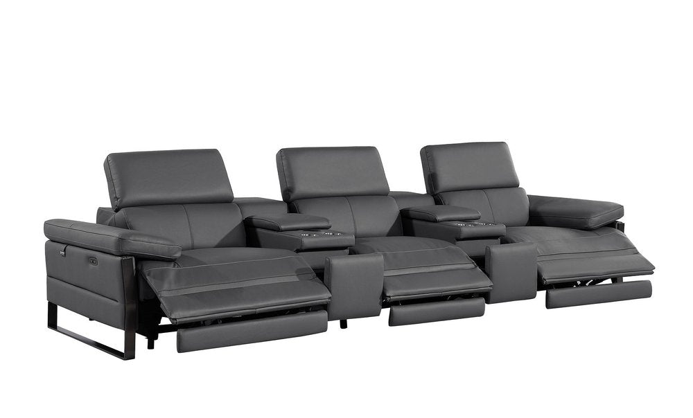 Dark Gray Top Grain Leather Reclining Metal USB Sofa - 129-inch
