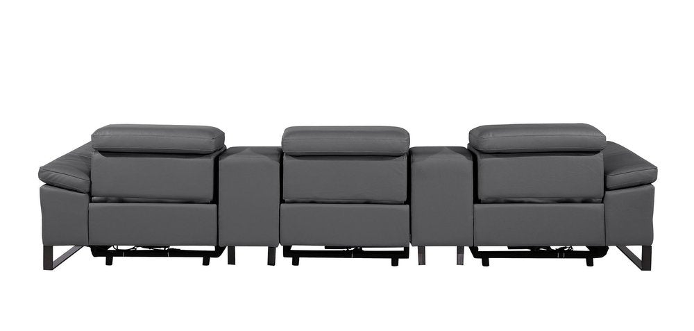 Dark Gray Top Grain Leather Reclining Metal USB Sofa - 129-inch