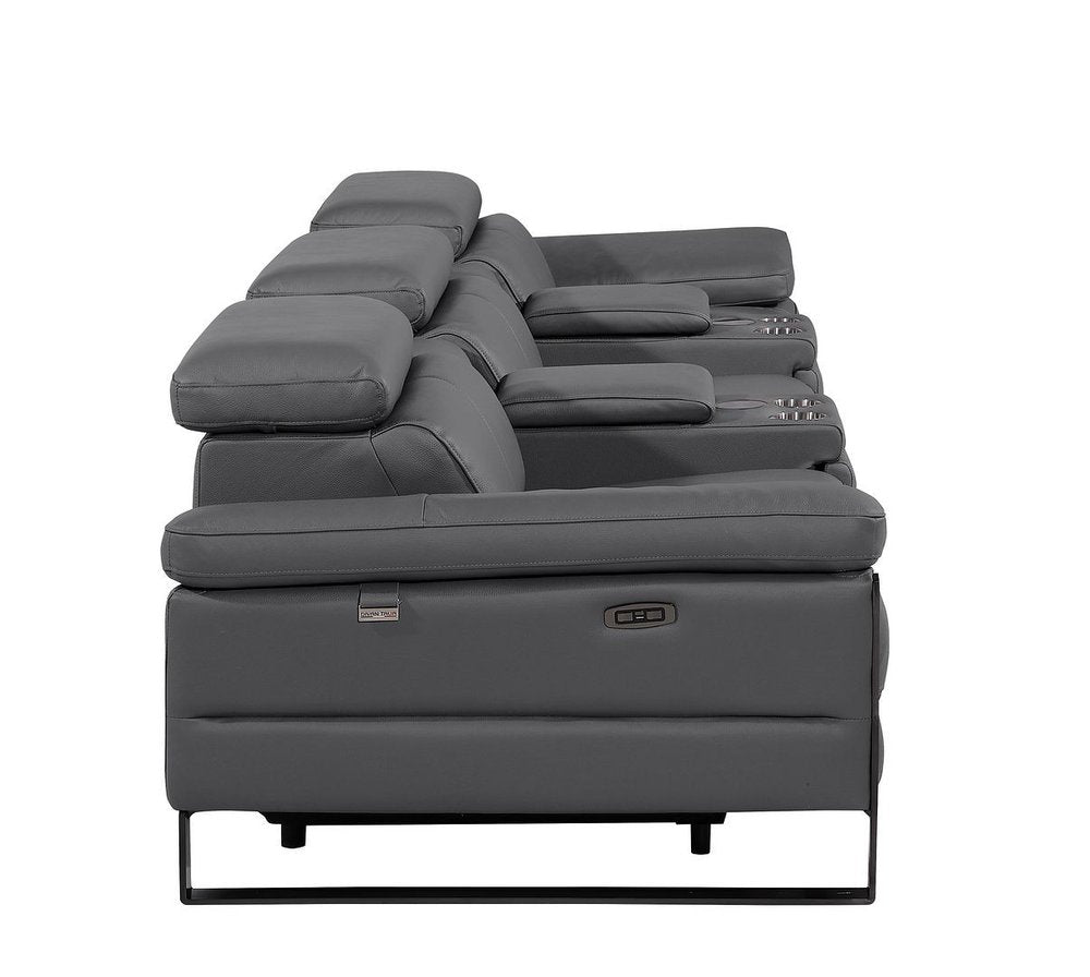 Dark Gray Top Grain Leather Reclining Metal USB Sofa - 129-inch