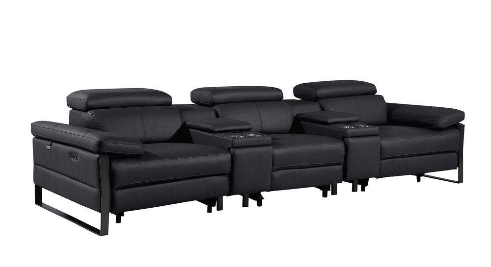 Dark Gray Top Grain Leather Reclining Metal USB Sofa - 129-inch