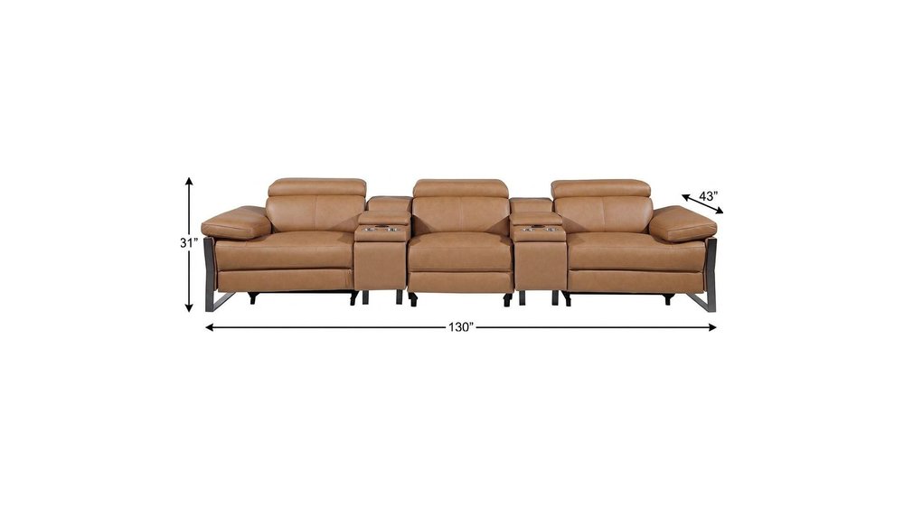 Dark Gray Top Grain Leather Reclining Metal USB Sofa - 129-inch