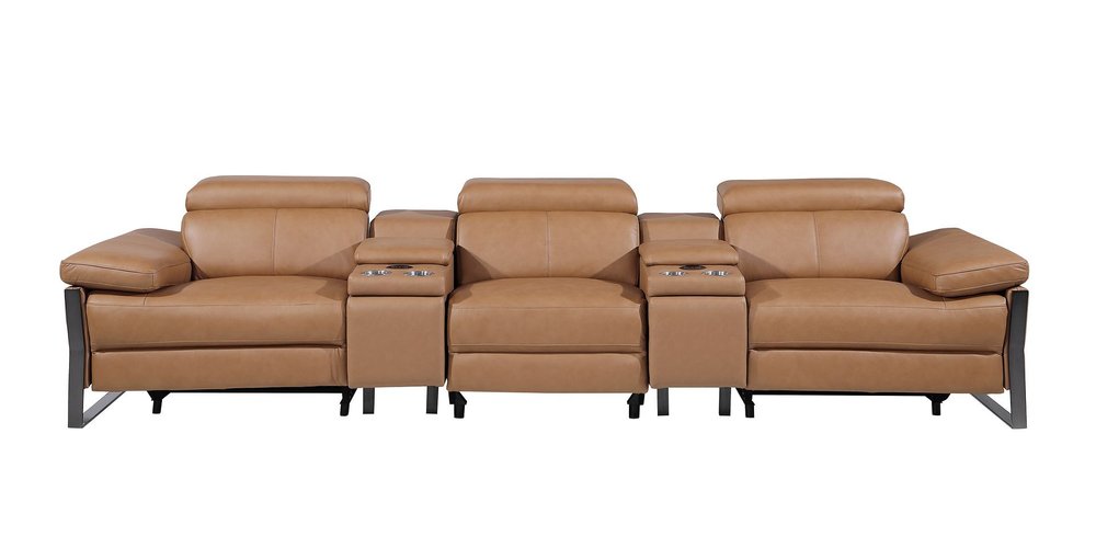 Dark Gray Top Grain Leather Reclining Metal USB Sofa - 129-inch