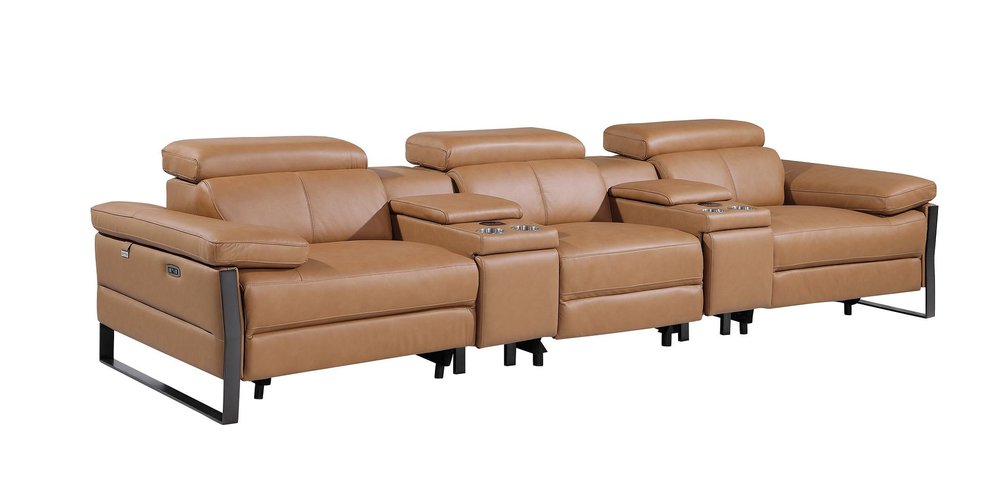 Dark Gray Top Grain Leather Reclining Metal USB Sofa - 129-inch
