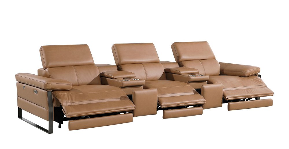 Dark Gray Top Grain Leather Reclining Metal USB Sofa - 129-inch