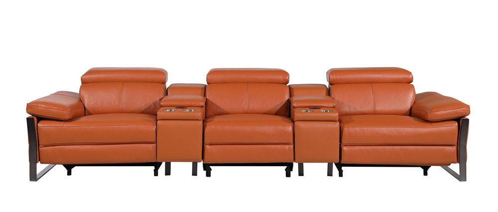 Dark Gray Top Grain Leather Reclining Metal USB Sofa - 129-inch