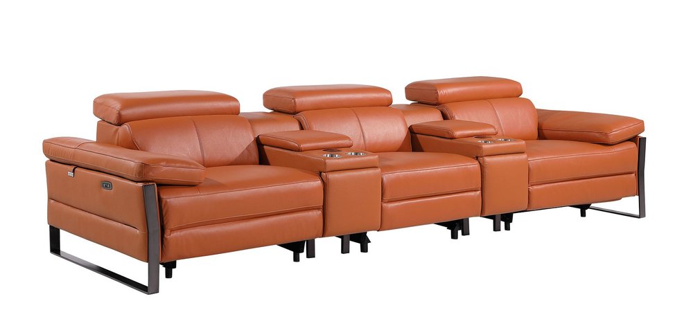 Dark Gray Top Grain Leather Reclining Metal USB Sofa - 129-inch