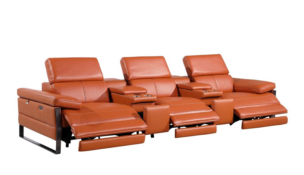 Dark Gray Top Grain Leather Reclining Metal USB Sofa - 129-inch