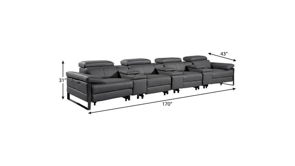 Dark Gray Top Grain Leather Reclining Metal USB Sofa - 169-inch