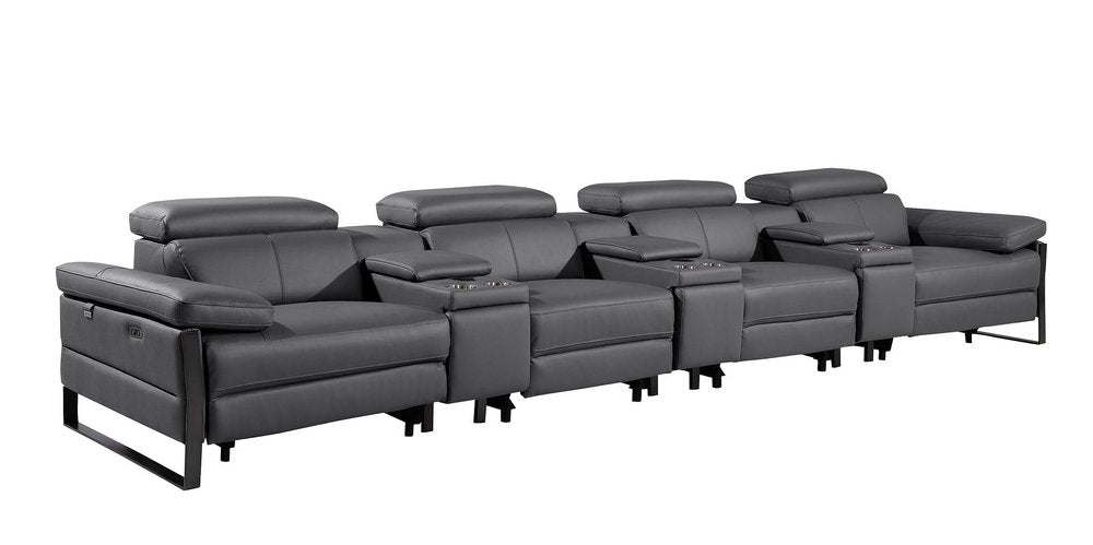 Dark Gray Top Grain Leather Reclining Metal USB Sofa - 169-inch