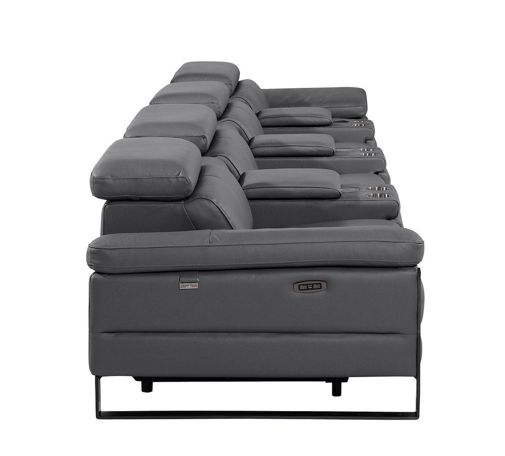 Dark Gray Top Grain Leather Reclining Metal USB Sofa - 169-inch